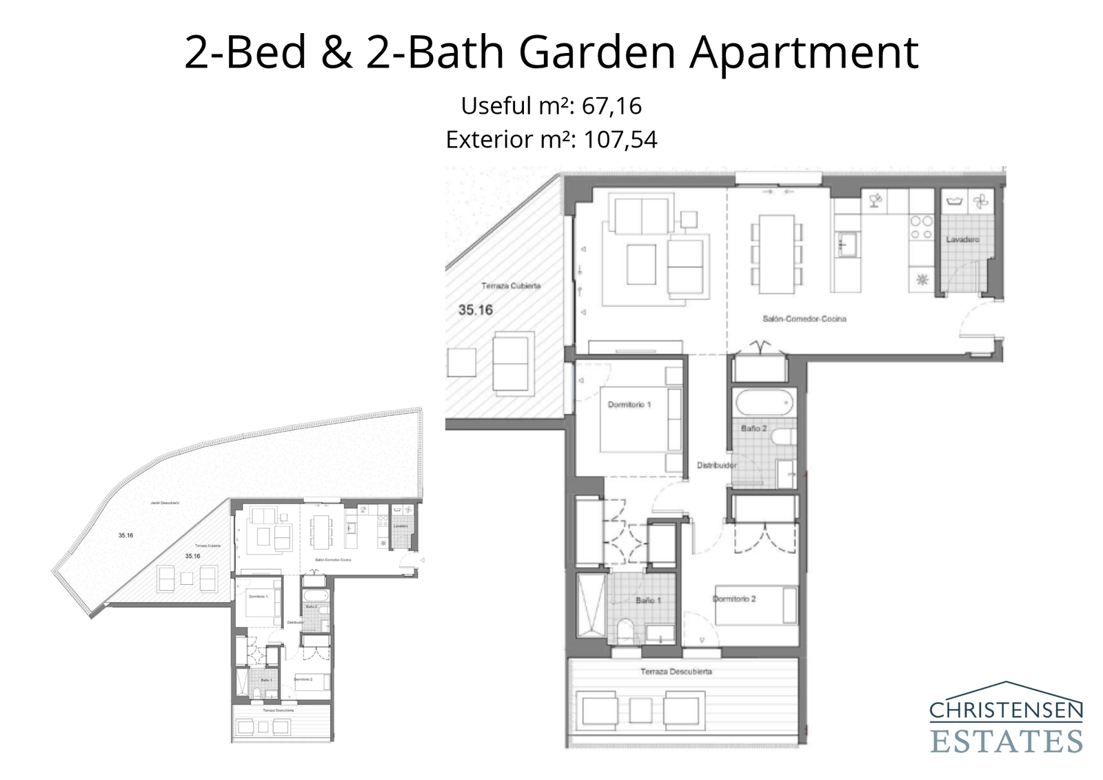 A ground-floor two-bedroom layout that extends into a large private garden and covered terrace, perfect for families.