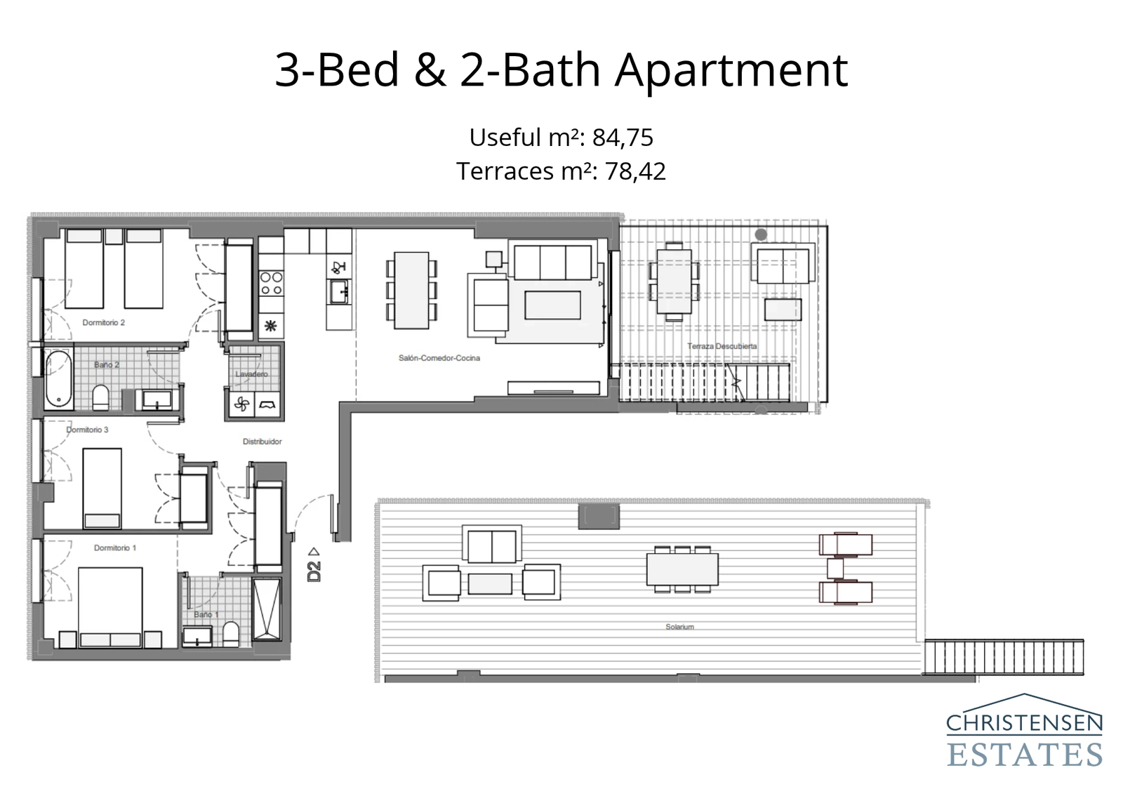 The spacious three-bedroom apartment plan offers ample room for family and guests, with an expansive solarium.