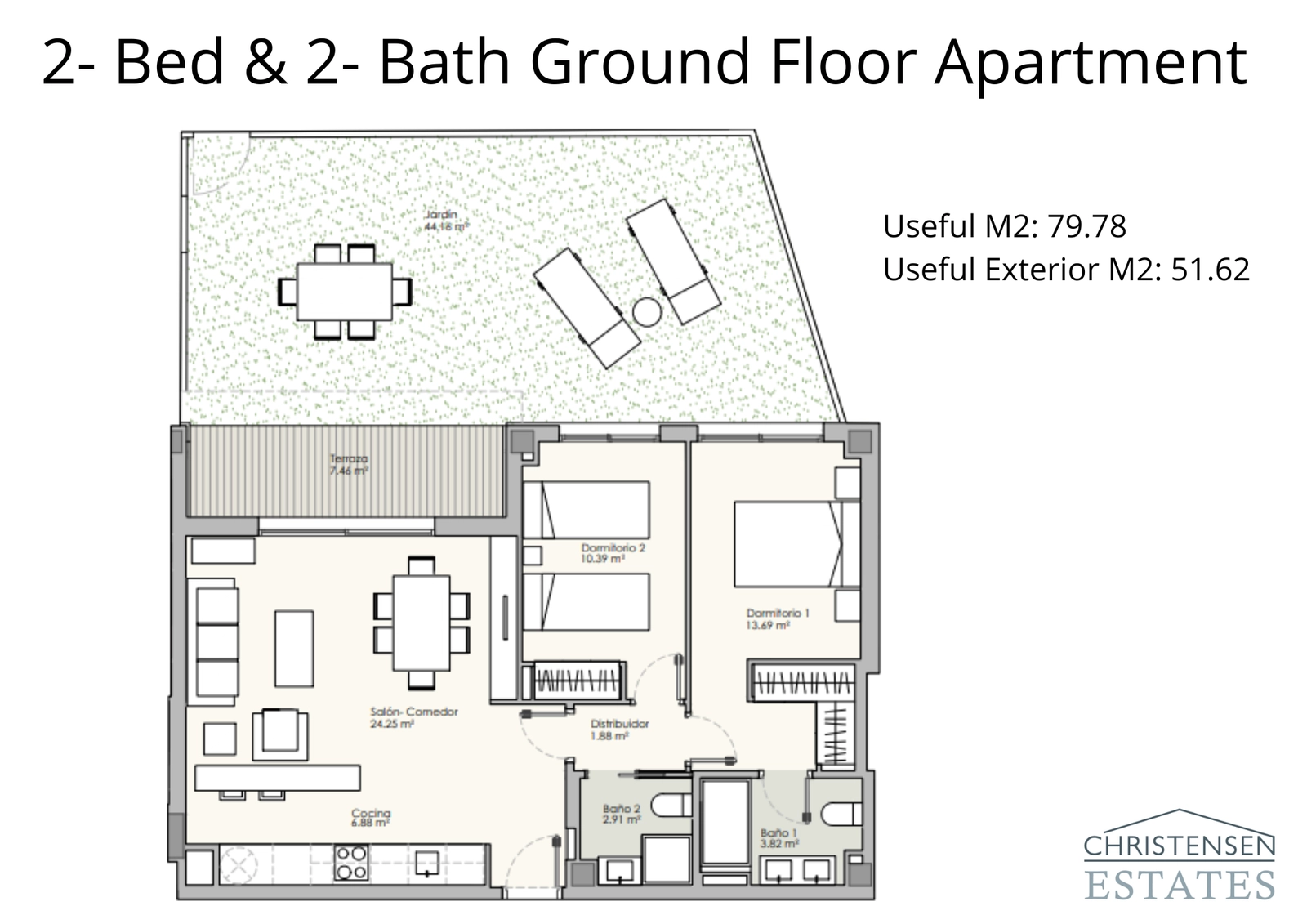 Two-bedroom ground floor layout, featuring a private garden and terrace for seamless indoor-outdoor living.