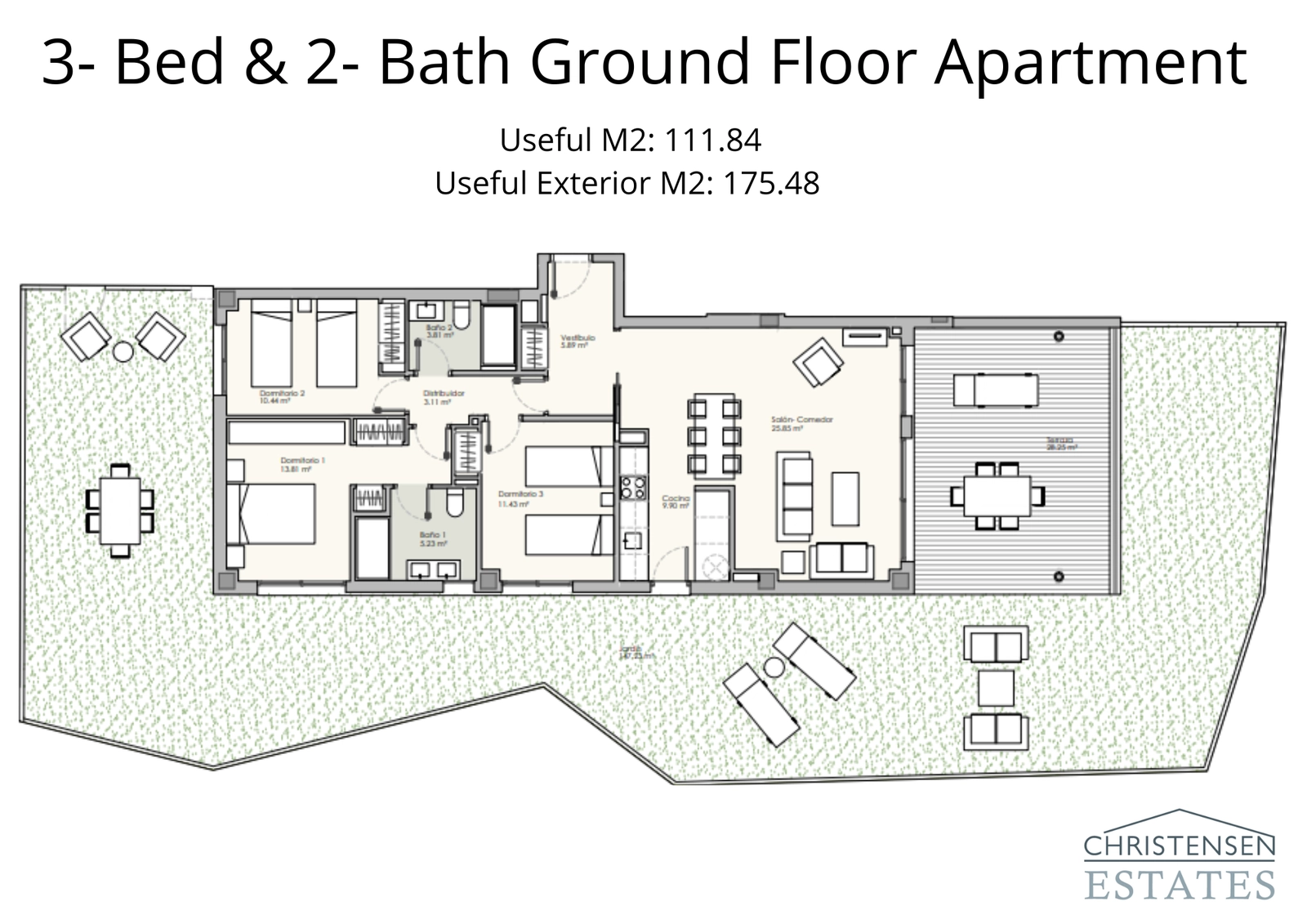 Generous three-bedroom ground floor residence with extensive terrace and garden space, ideal for families.
