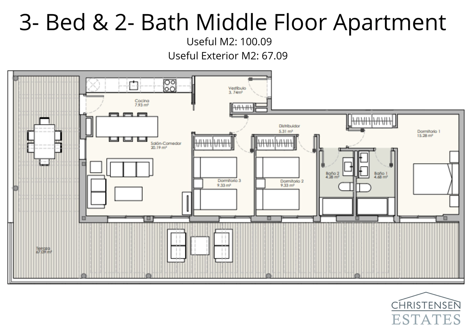 Three-bedroom middle floor apartment plan, offering large living areas and a magnificent terrace with great views.