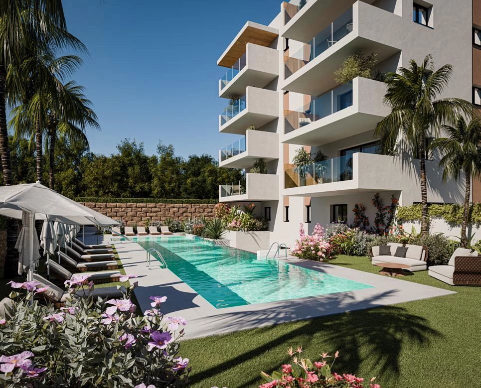 The communal swimming pool is set within beautifully landscaped Mediterranean gardens, creating a peaceful oasis.