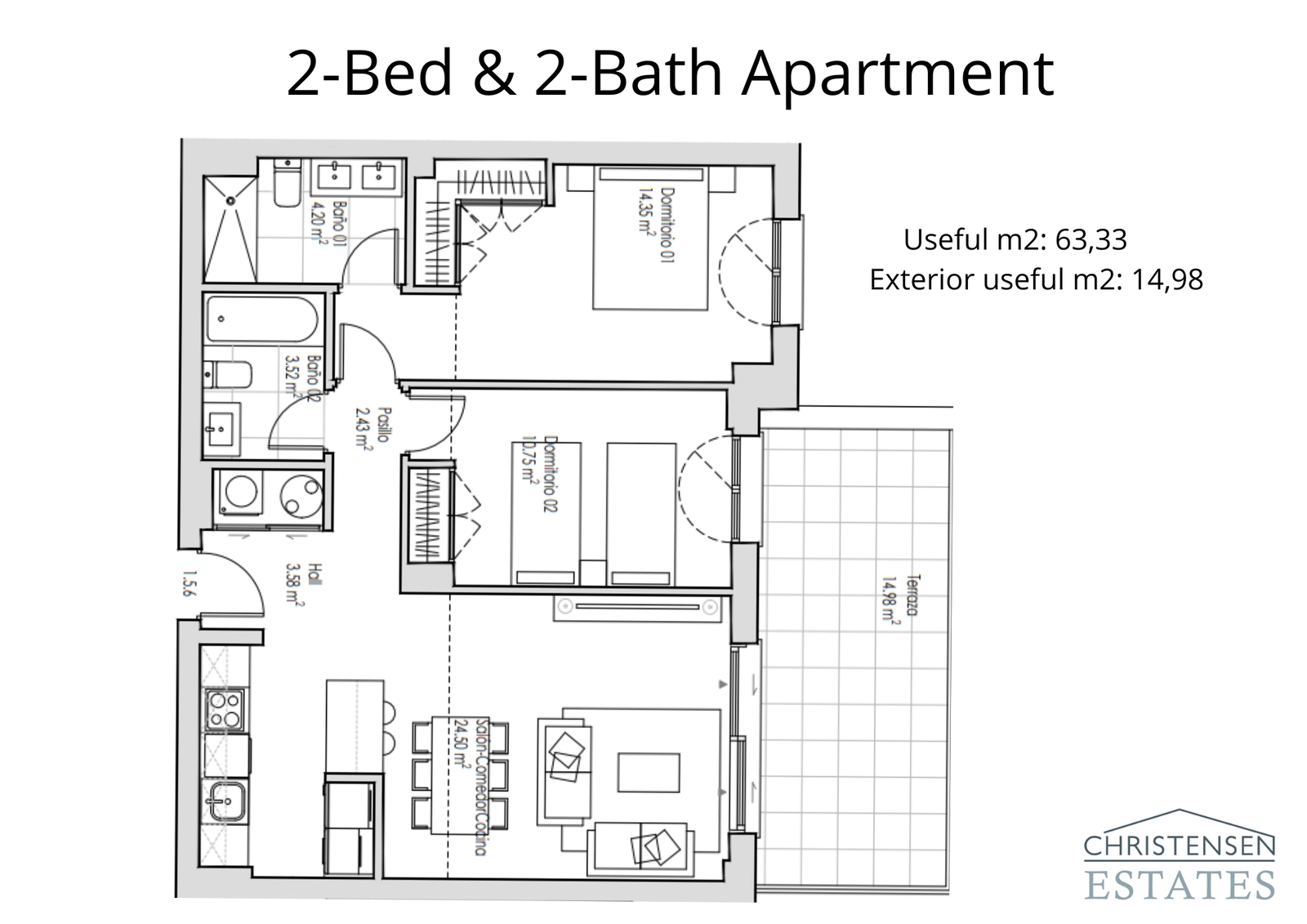 This two-bedroom layout offers a practical and comfortable living space, with a bright living area opening onto a private terrace.