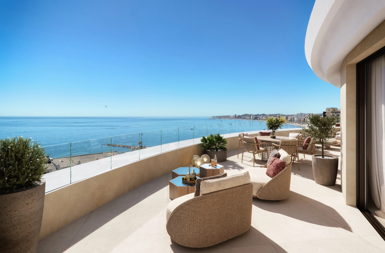 A spacious terrace offering breathtaking, panoramic views of the Mediterranean Sea and the Costa del Sol coastline.
