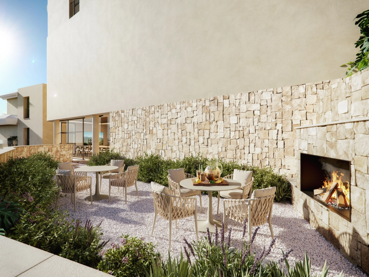 Enjoy social gatherings on the outdoor terrace, complete with a cozy fireplace for cooler evenings.