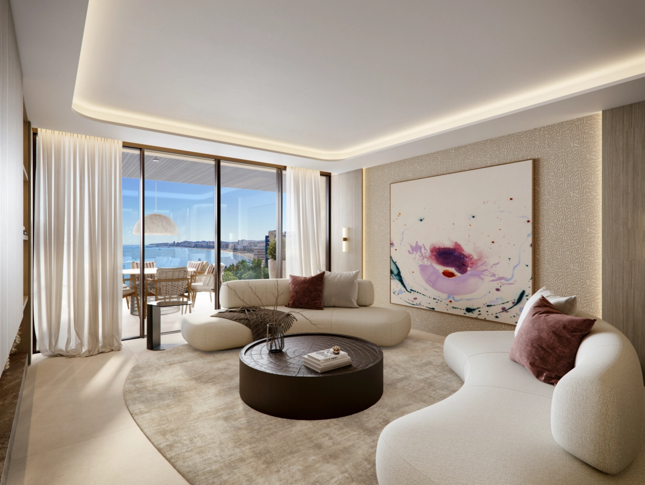 The living area is designed to flow seamlessly onto the terrace, creating a bright and open indoor-outdoor lifestyle.