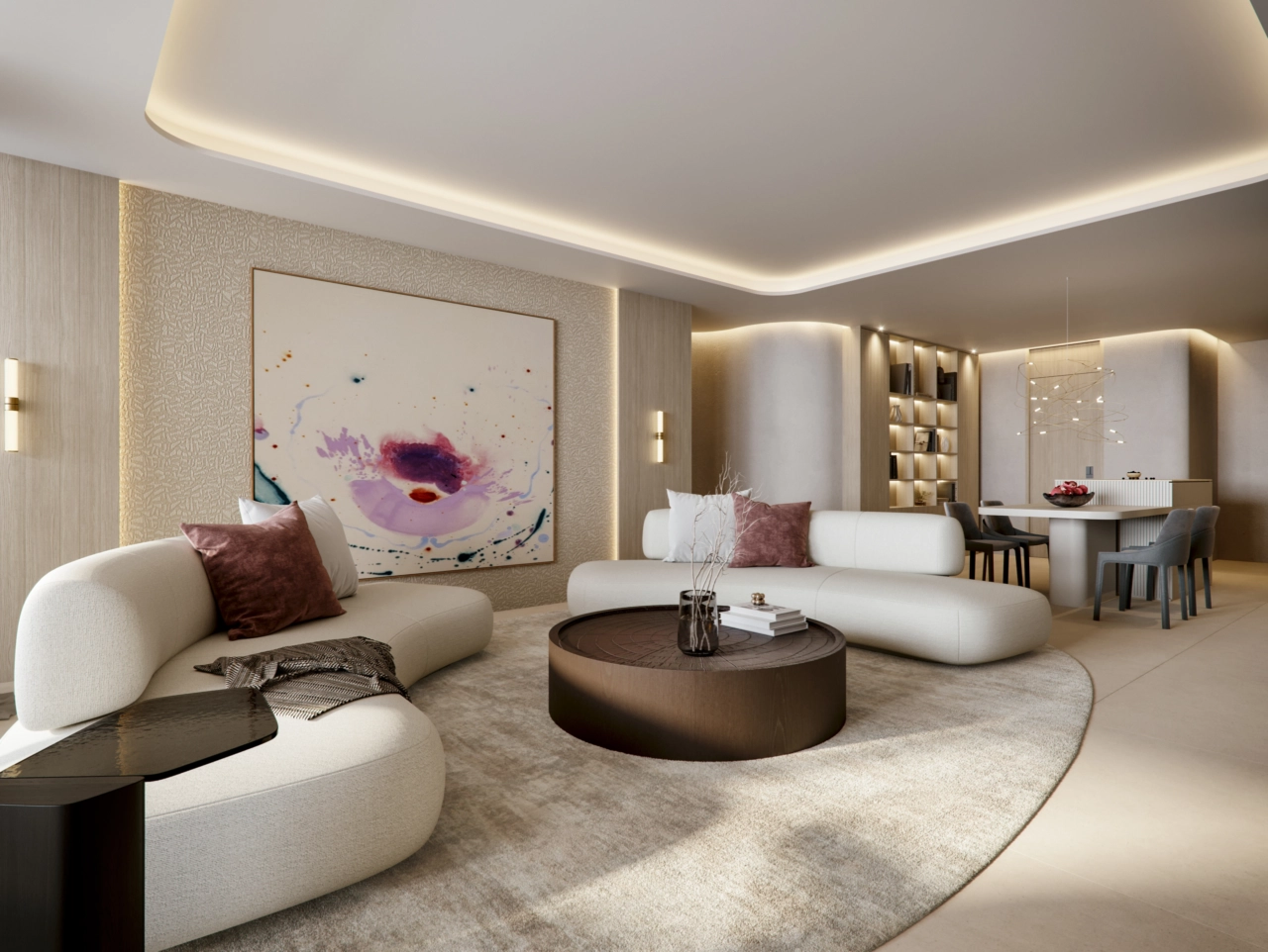 An inviting and serene living room, crafted with soft textures and a neutral palette for ultimate comfort.