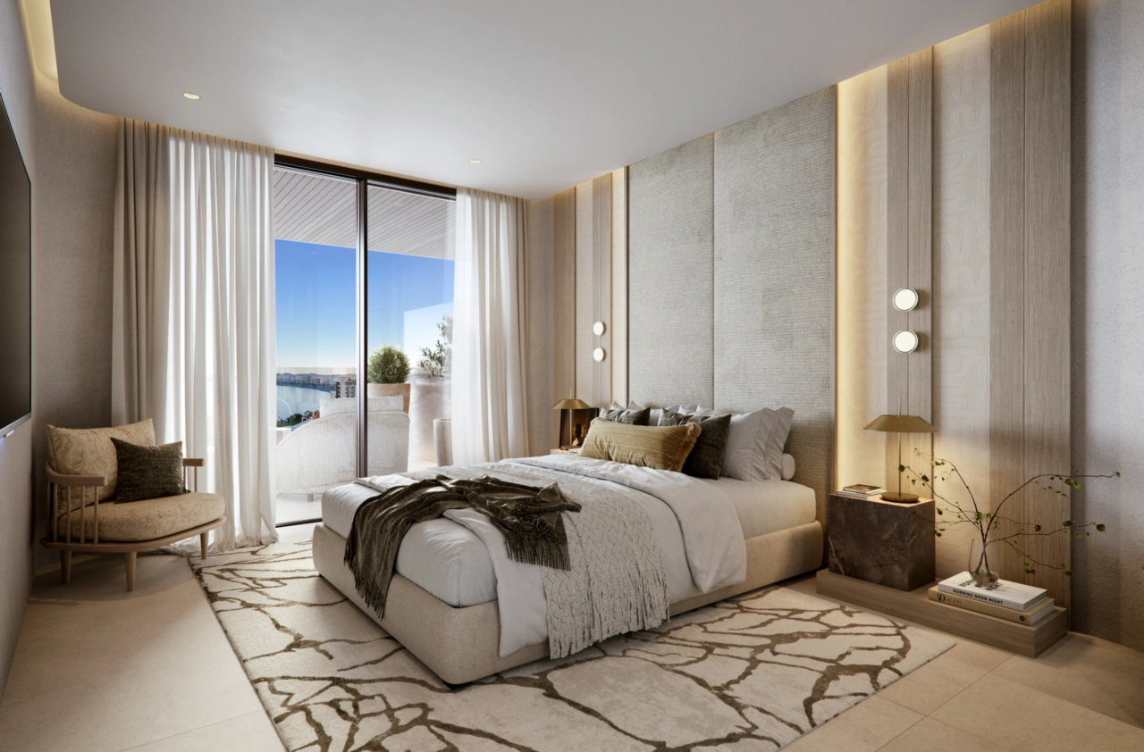 The master bedroom serves as a peaceful retreat, with direct access to the terrace and beautiful sea views.