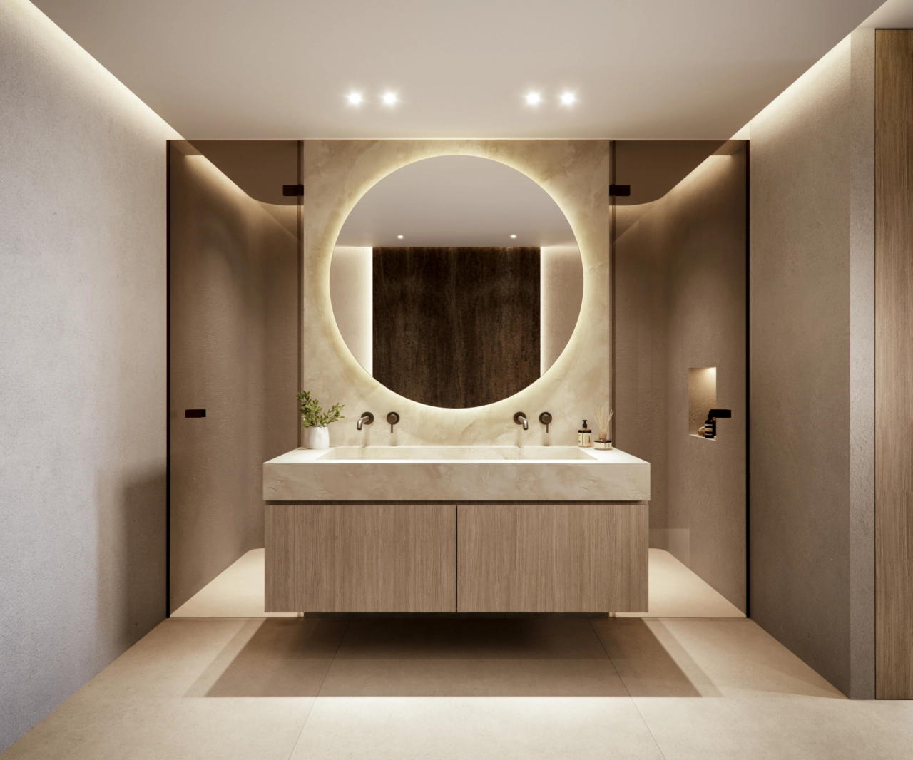 The elegant double vanity in the bathroom, featuring warm wood tones and soft, integrated lighting.