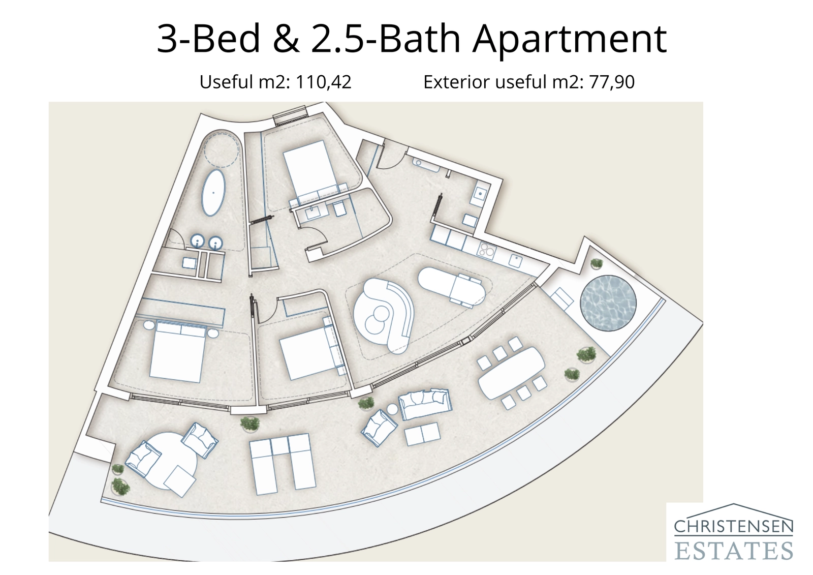 This spacious three-bedroom floor plan features an expansive wrap-around terrace, seamlessly integrating indoor and outdoor living spaces.