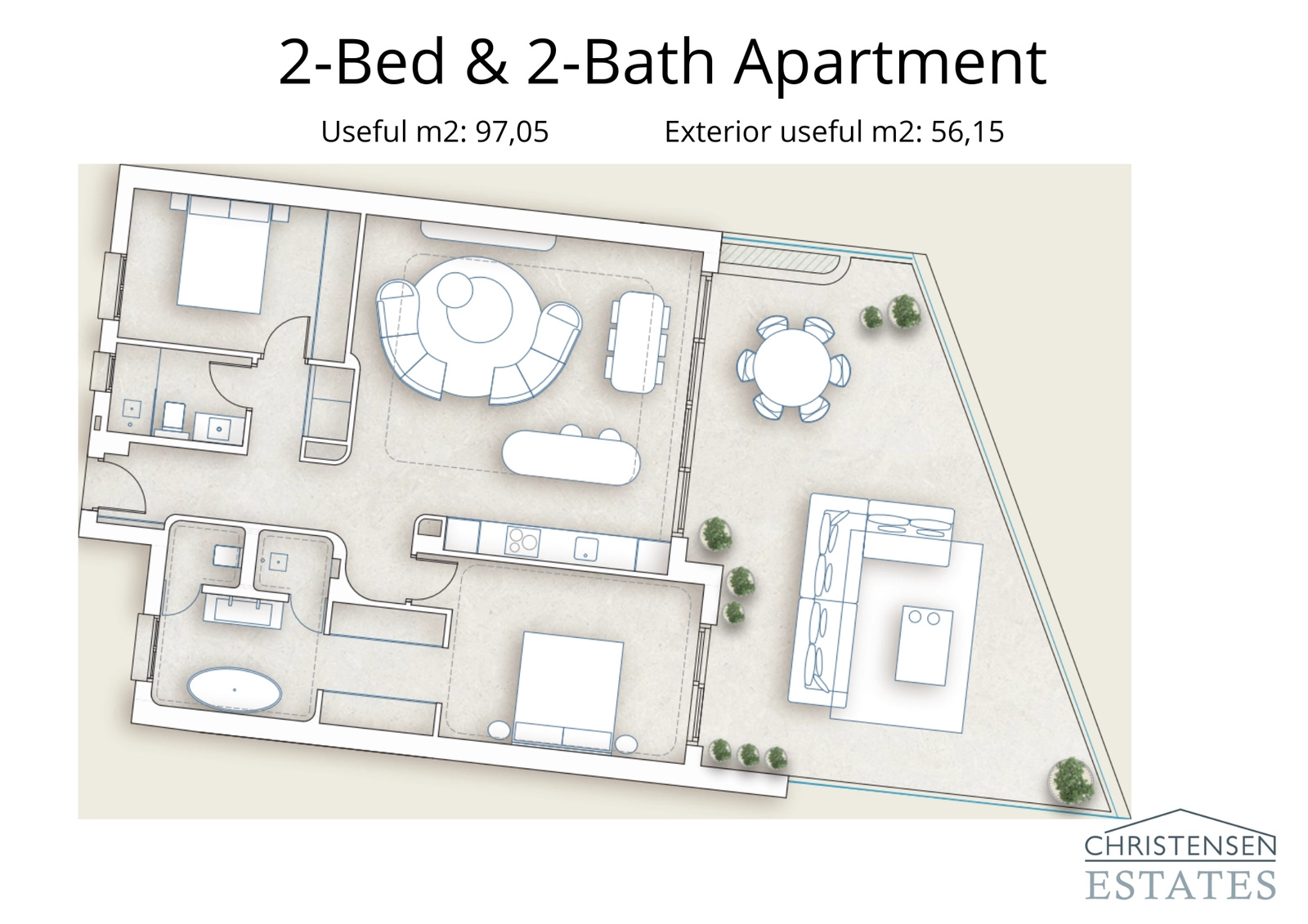 An efficiently designed two-bedroom layout with an open-plan living area that extends onto a generous terrace, perfect for enjoying the Mediterranean climate.