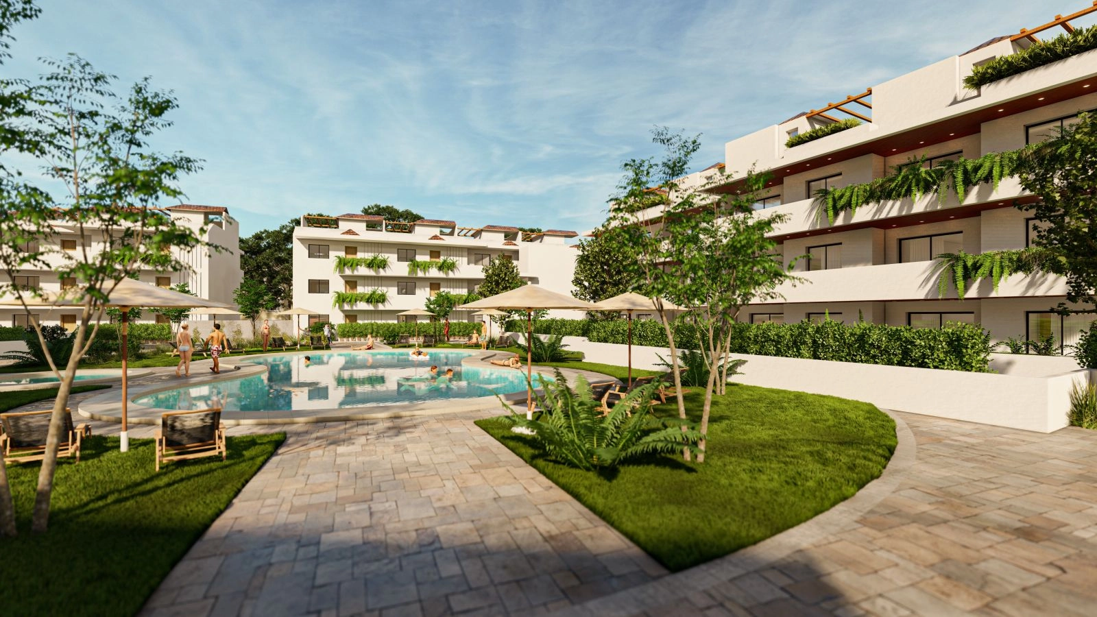 The development features beautiful communal gardens and a large swimming pool for residents to enjoy.
