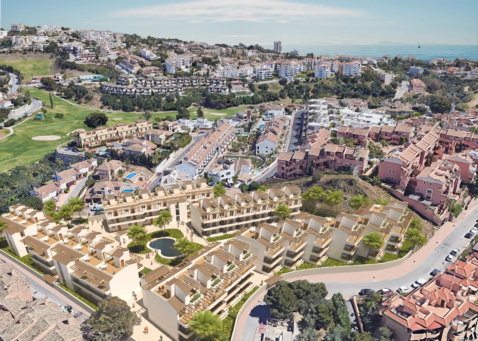 An aerial perspective showcasing the residential complex and its prime location near the sea on the Costa del Sol.
