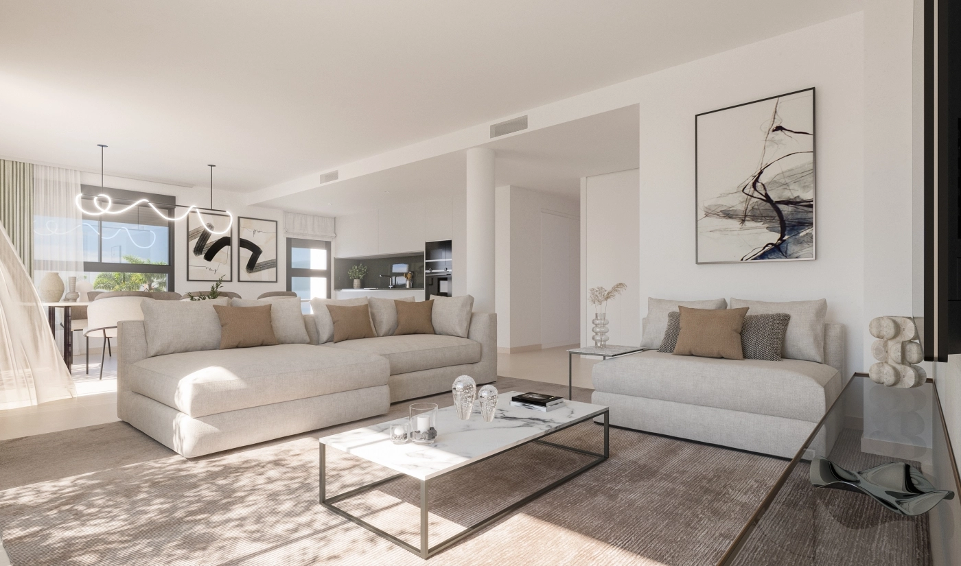 The bright, open-plan living area is designed for comfort and filled with natural light.