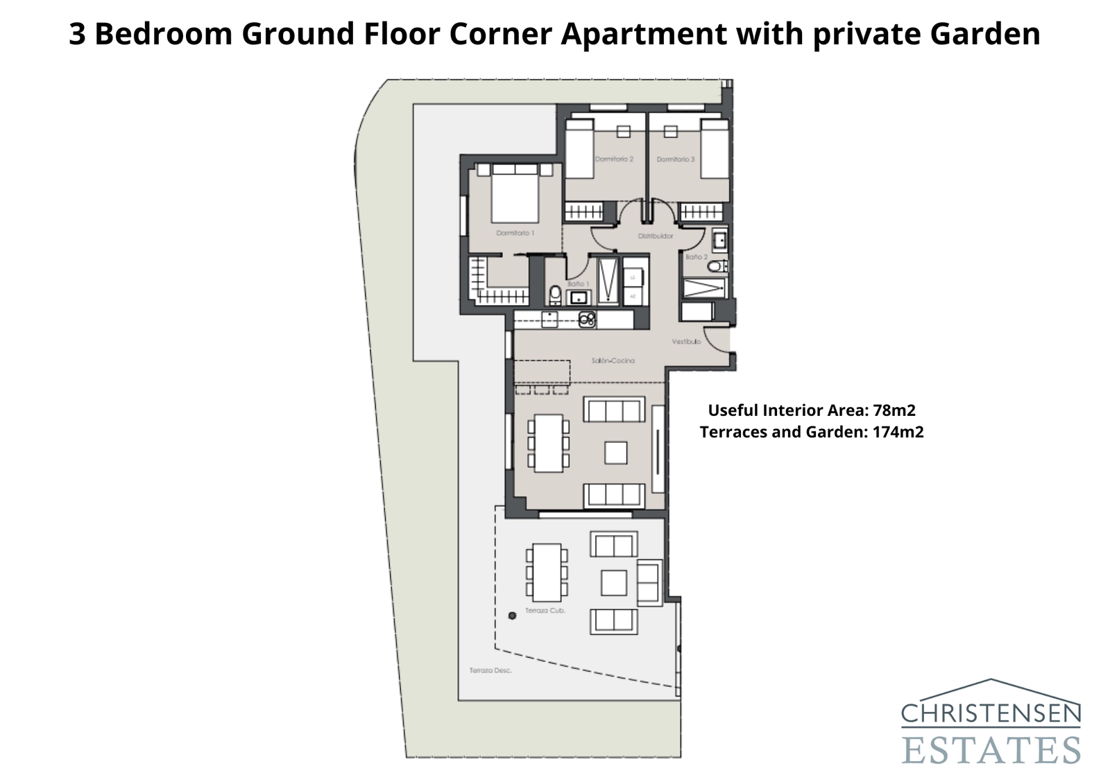 The corner three-bedroom ground floor apartment offers extra space and privacy with an expansive wrap-around garden.