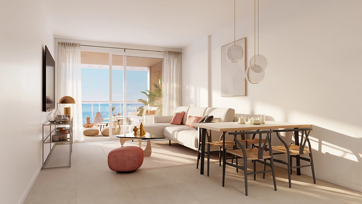 Bright and modern living area flowing seamlessly onto the terrace, with beautiful sea views.