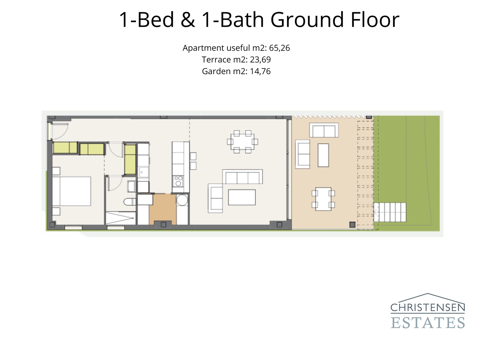 One-bedroom ground floor layout, featuring a generous terrace and private garden for seamless indoor-outdoor living.