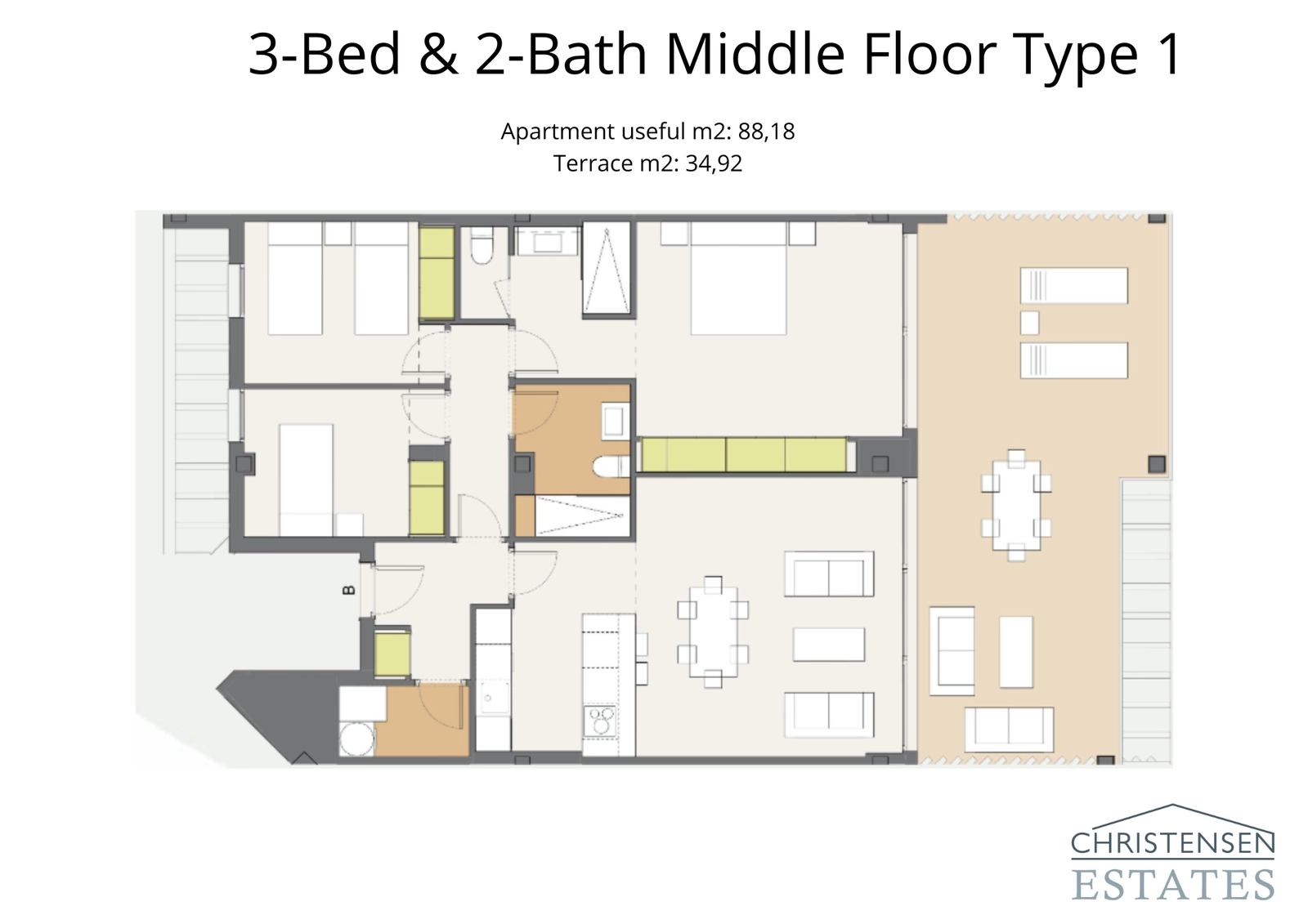 Three-bedroom middle floor plan with a spacious terrace, designed for family comfort and functionality.