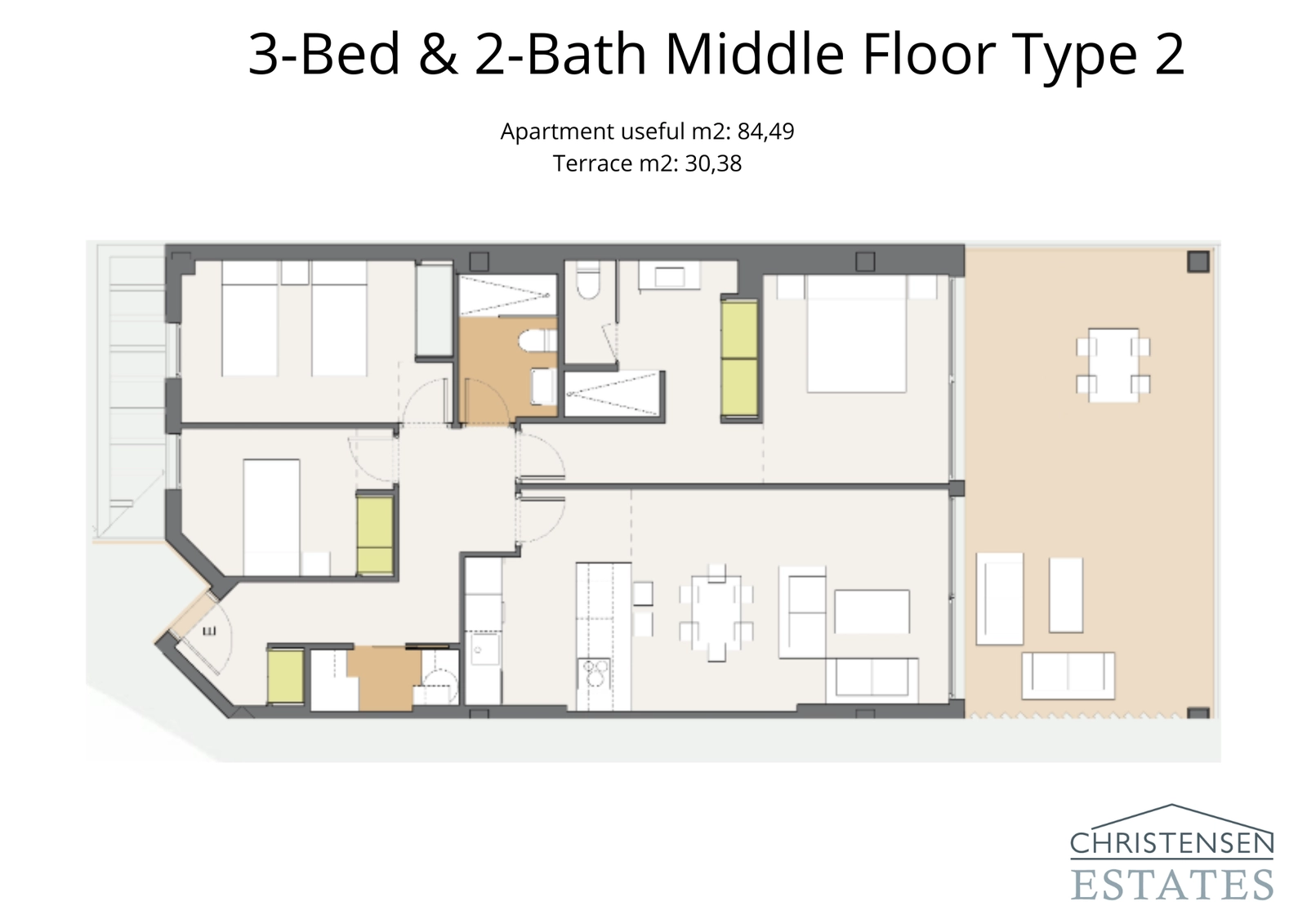 Alternative three-bedroom layout offering a smart distribution of space and a large private terrace.