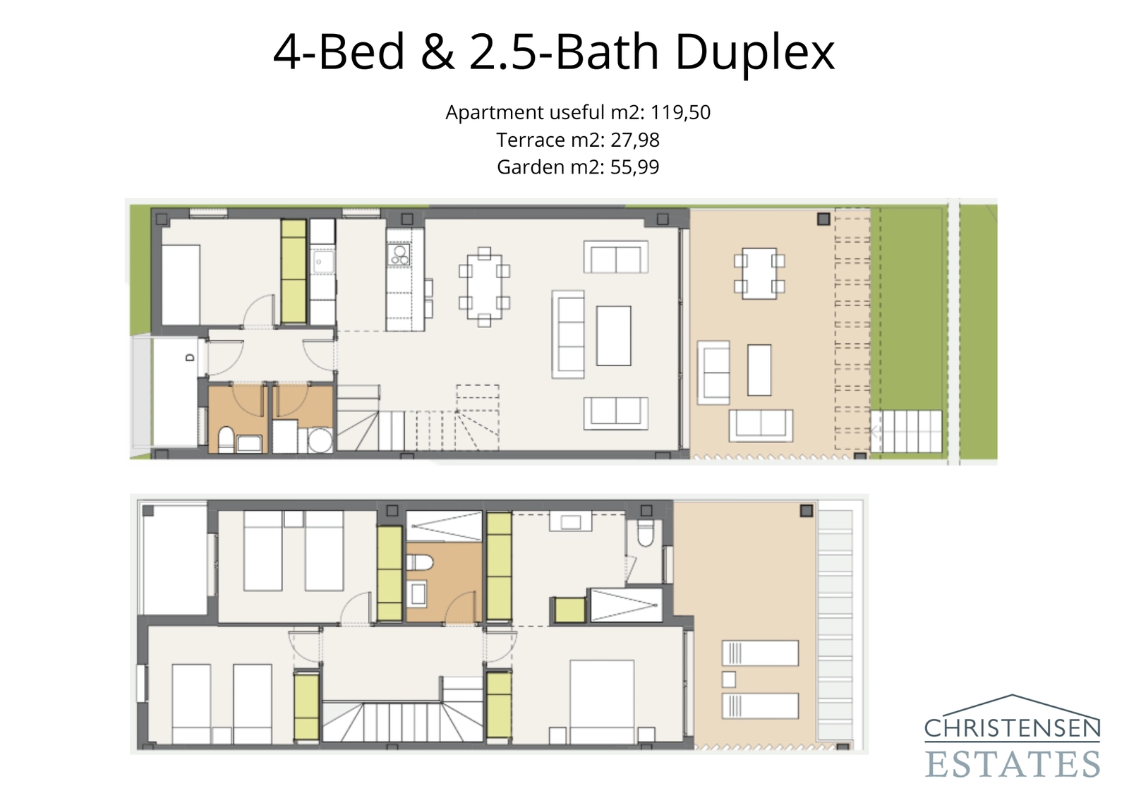 Four-bedroom duplex plan, providing two levels of sophisticated living space with a private garden.