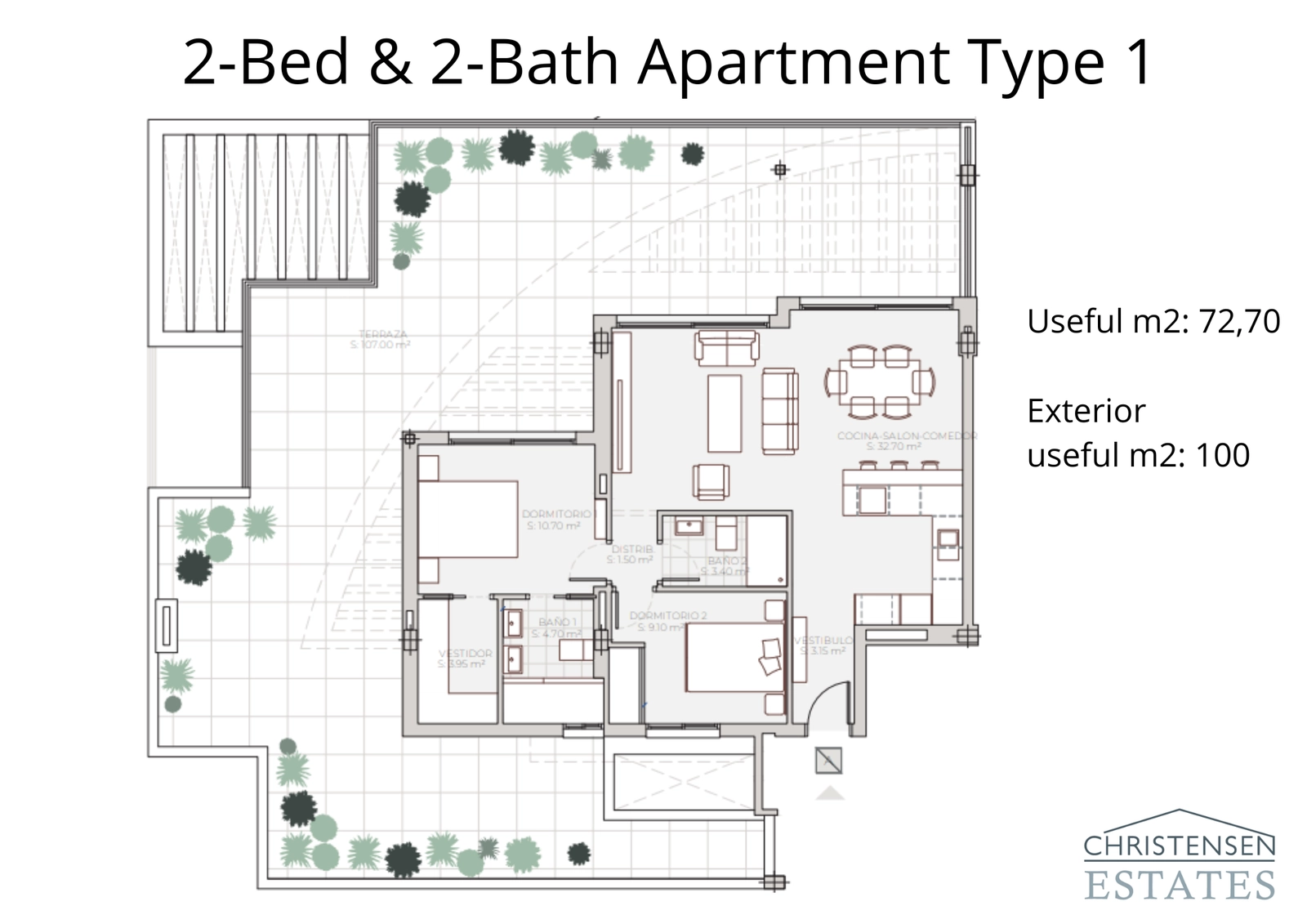 This two-bedroom penthouse layout shows an expansive wrap-around terrace, ideal for an indoor-outdoor lifestyle.