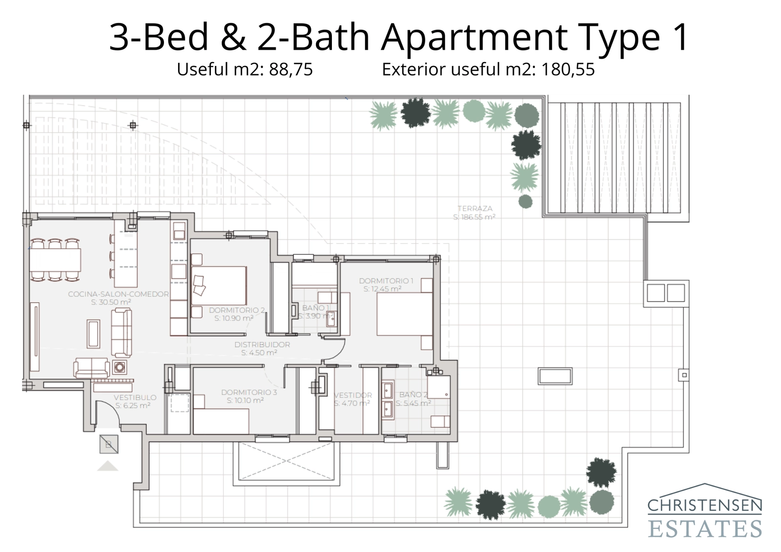 Floor plan for a three-bedroom ground floor home, showing the generous private garden and terrace spaces.