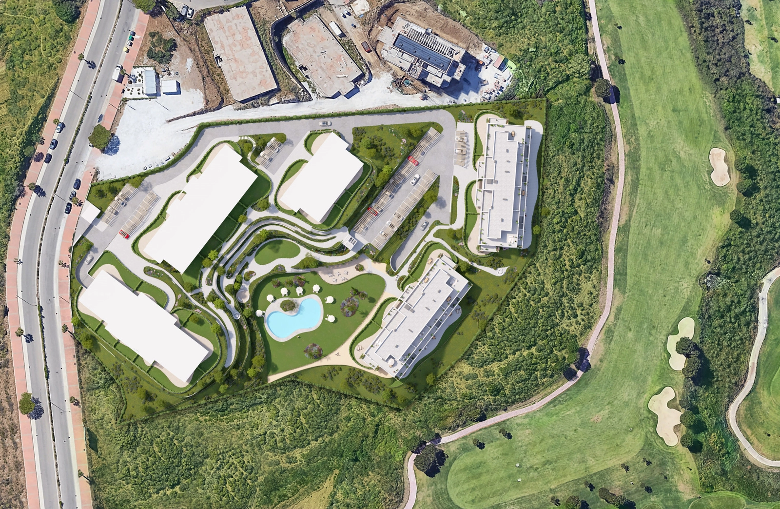An aerial view of the development's layout, perfectly integrated with the Calanova golf course on the Costa del Sol.
