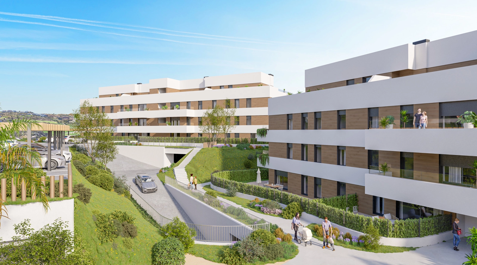 Landscaped pathways and gardens connect the buildings, creating a beautiful and walkable environment.
