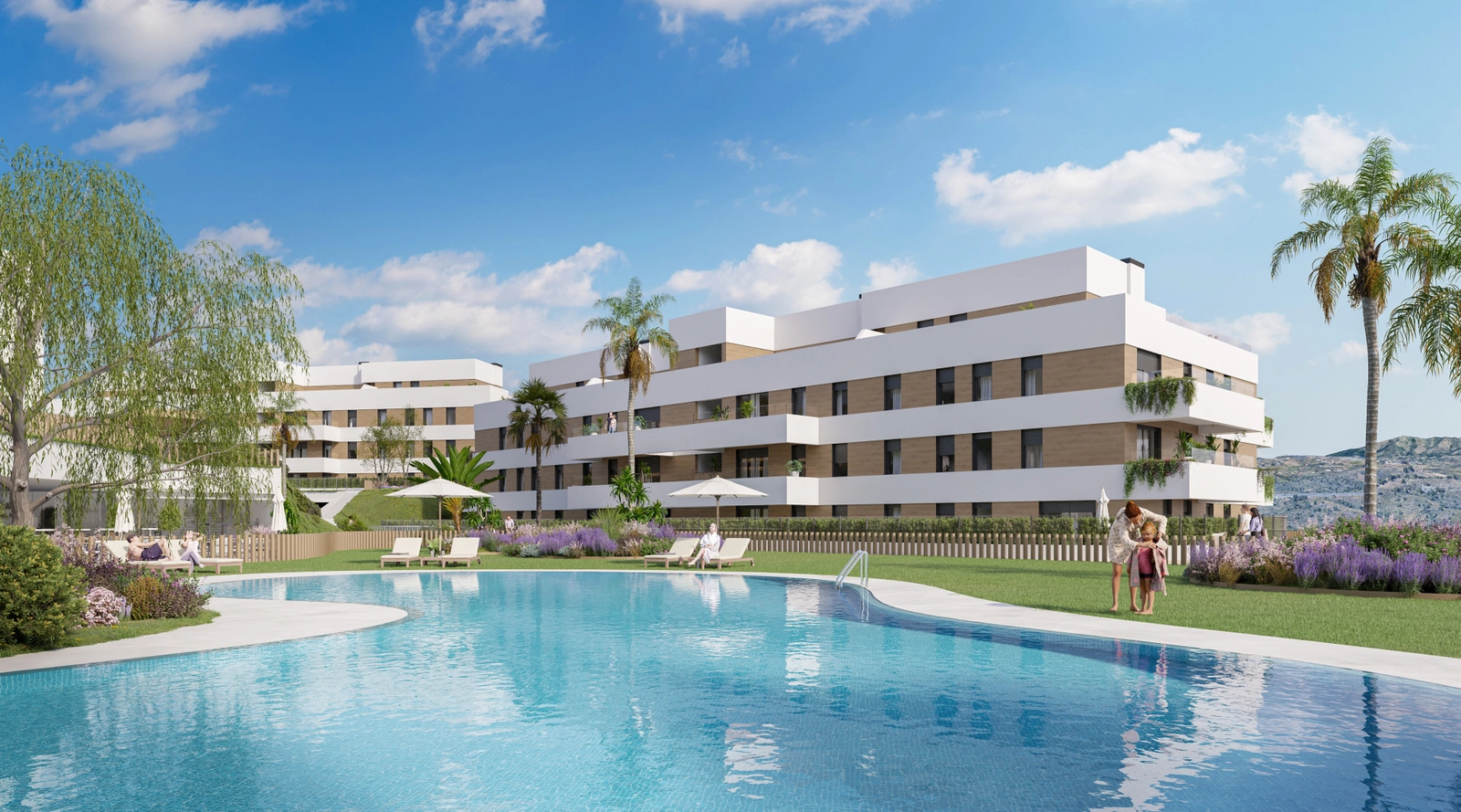 The inviting communal swimming pool, surrounded by green lawns and contemporary apartment buildings.