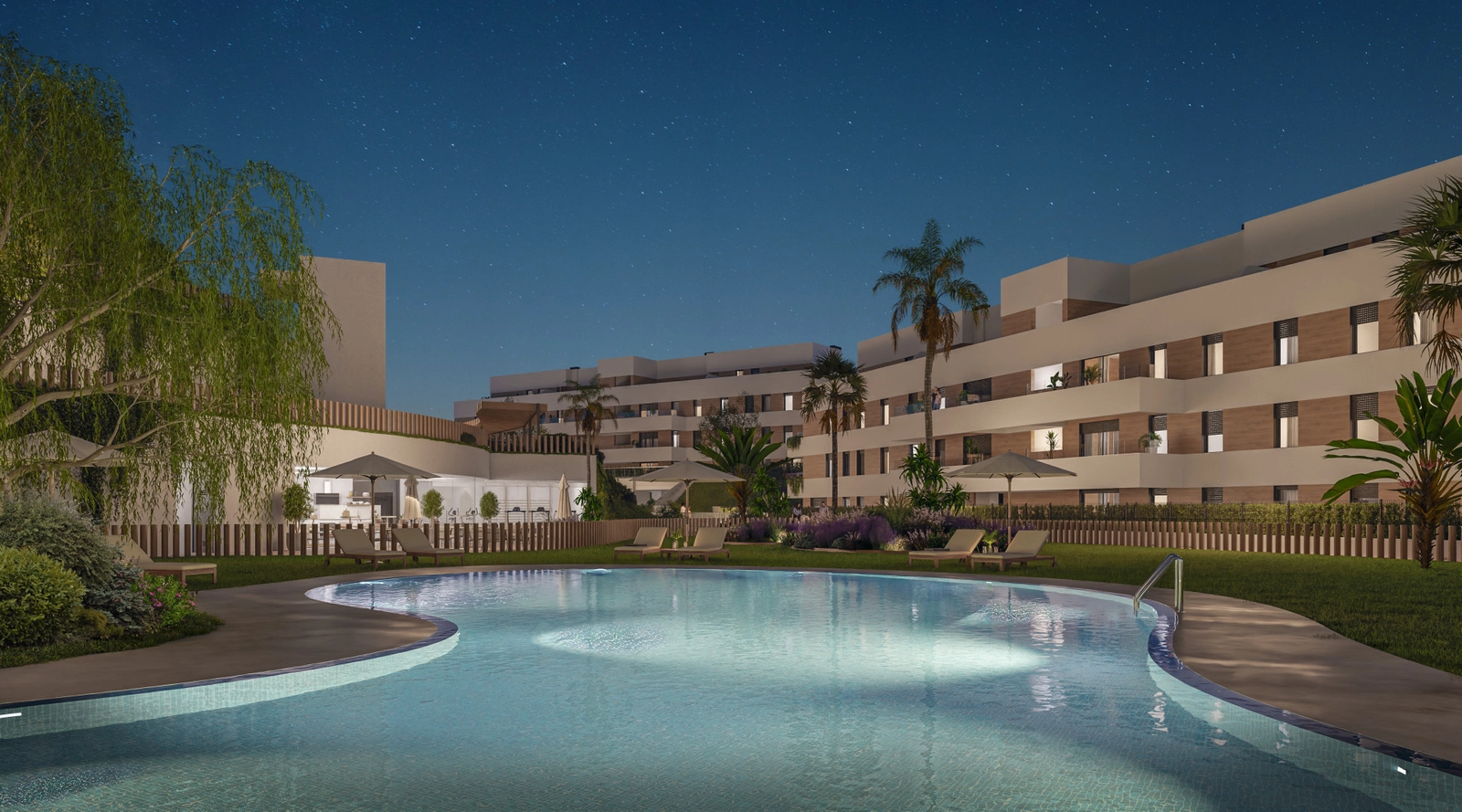 Experience tranquil evenings by the beautifully illuminated swimming pool.