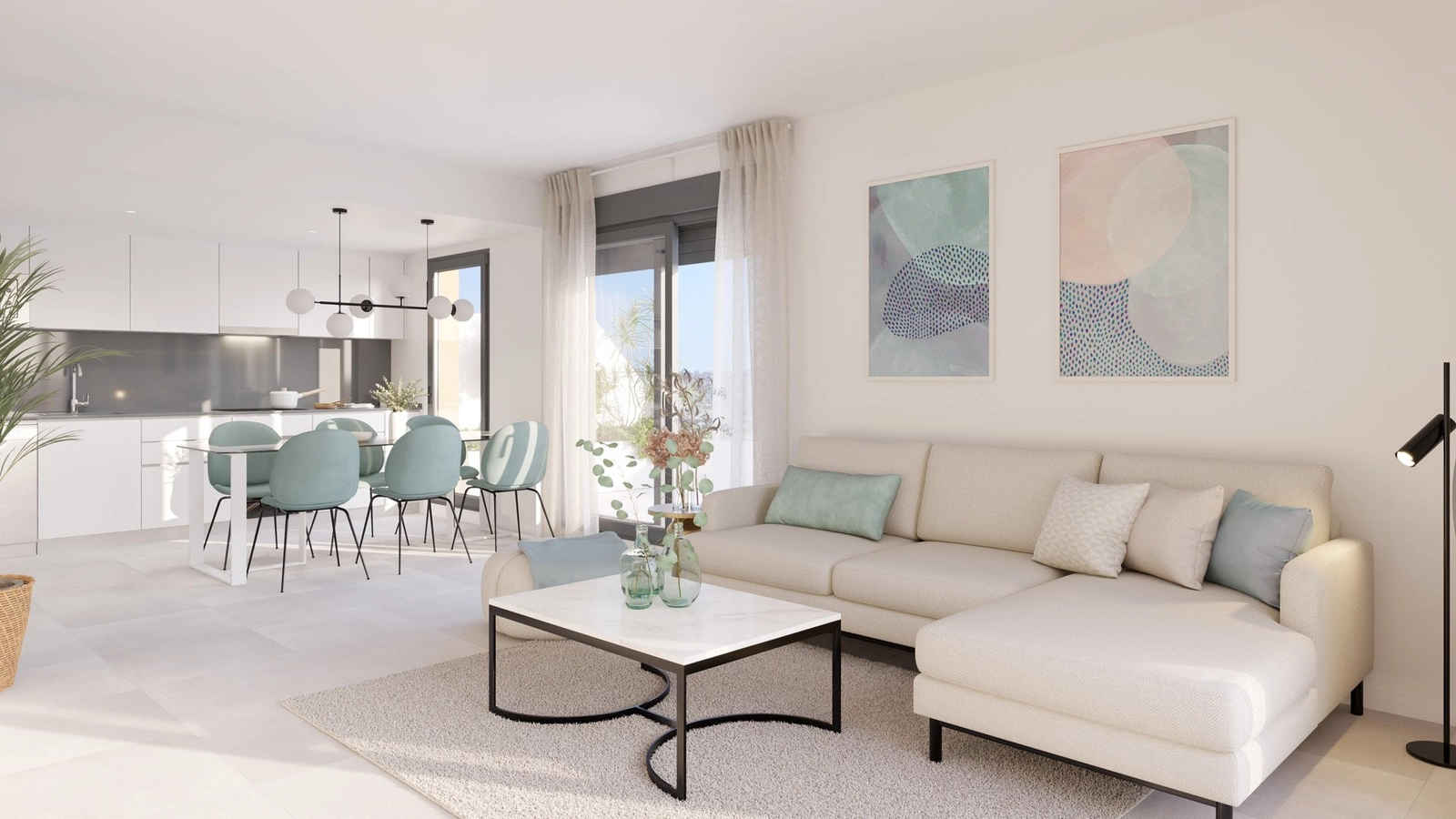 A bright and spacious open-plan living and dining area, designed for modern comfort.