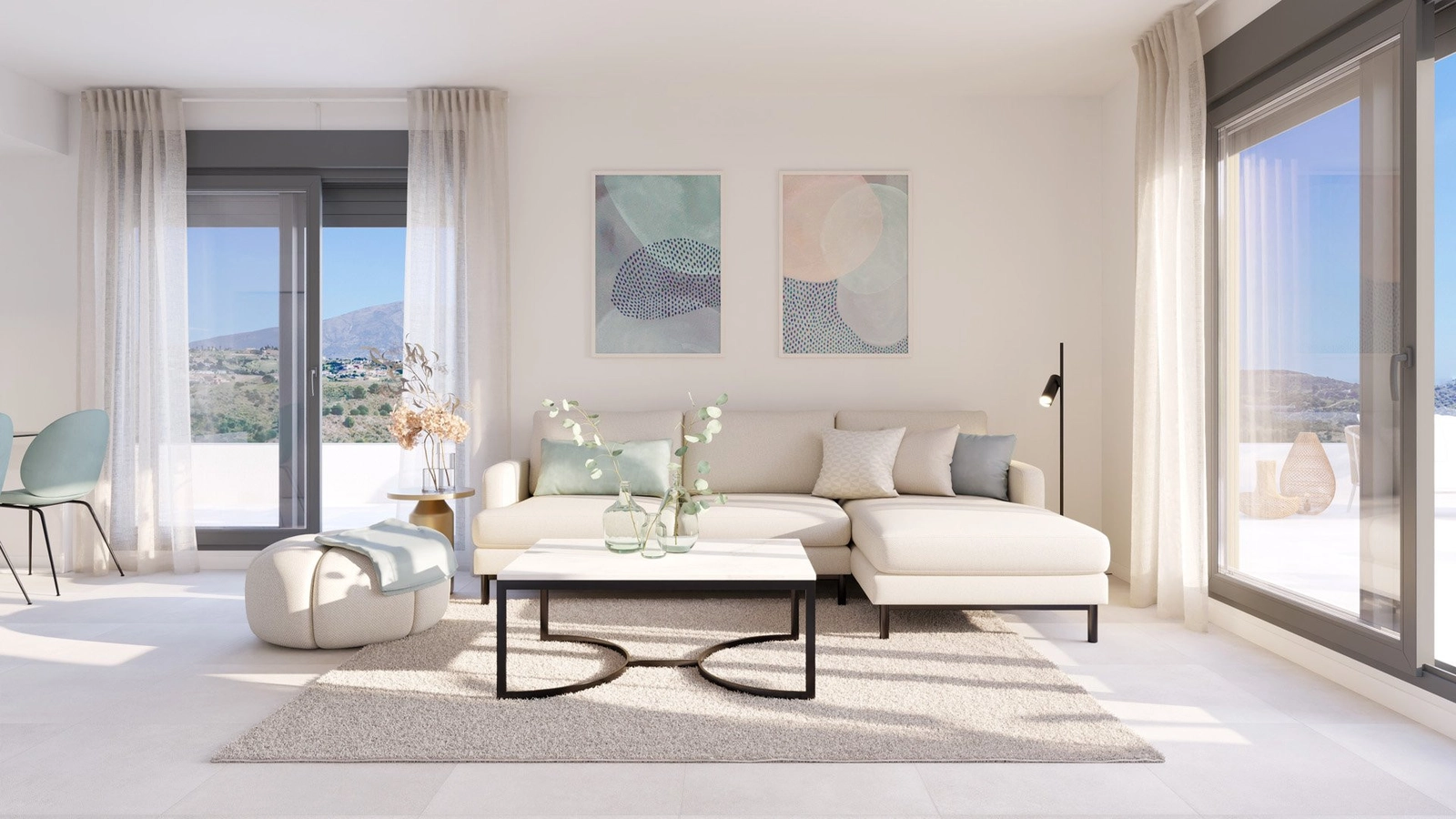 Sunlight fills the elegant living room, seamlessly connecting to the private terrace.