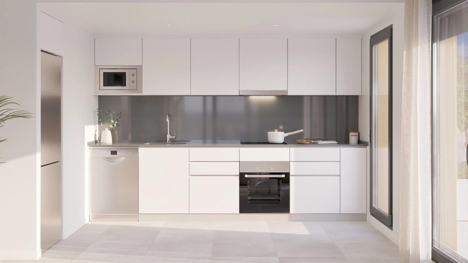 The fully equipped kitchen features a sleek, minimalist design with high-quality appliances.