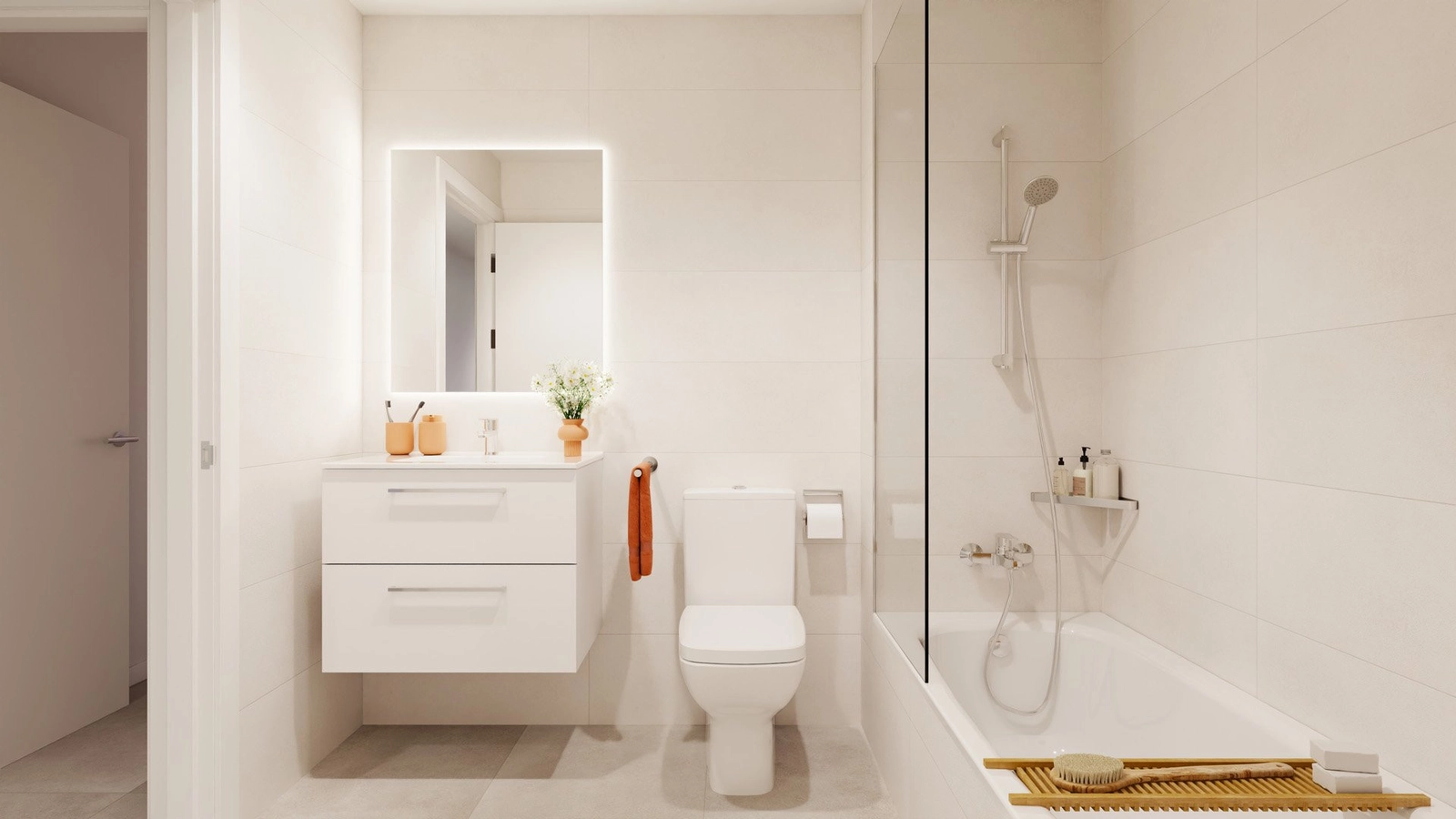 A contemporary bathroom with clean lines, quality fittings, and a full-size bathtub.