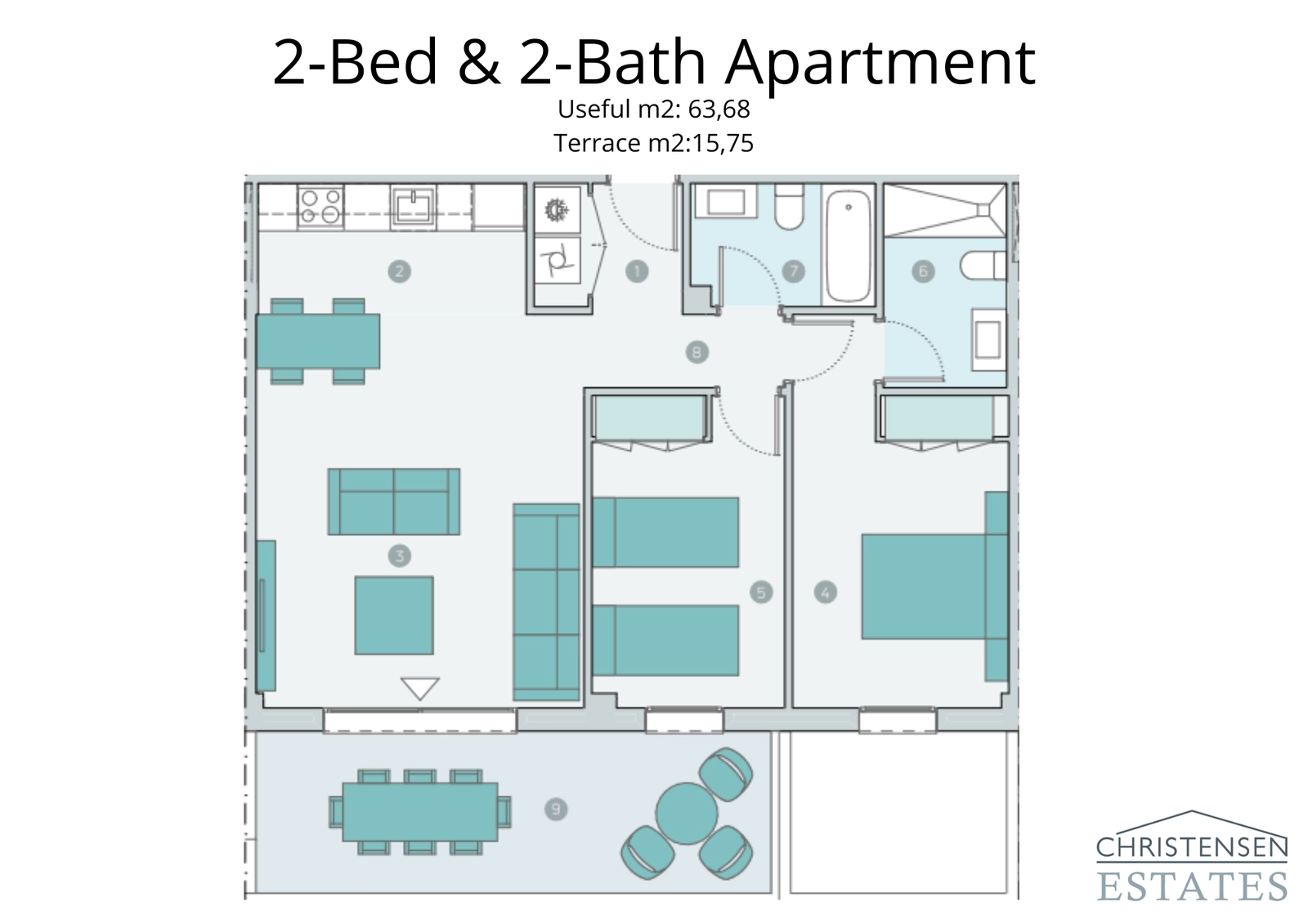 This two-bedroom apartment layout features an intelligent design, maximizing space and light with an open-plan living area that flows onto a generous terrace.