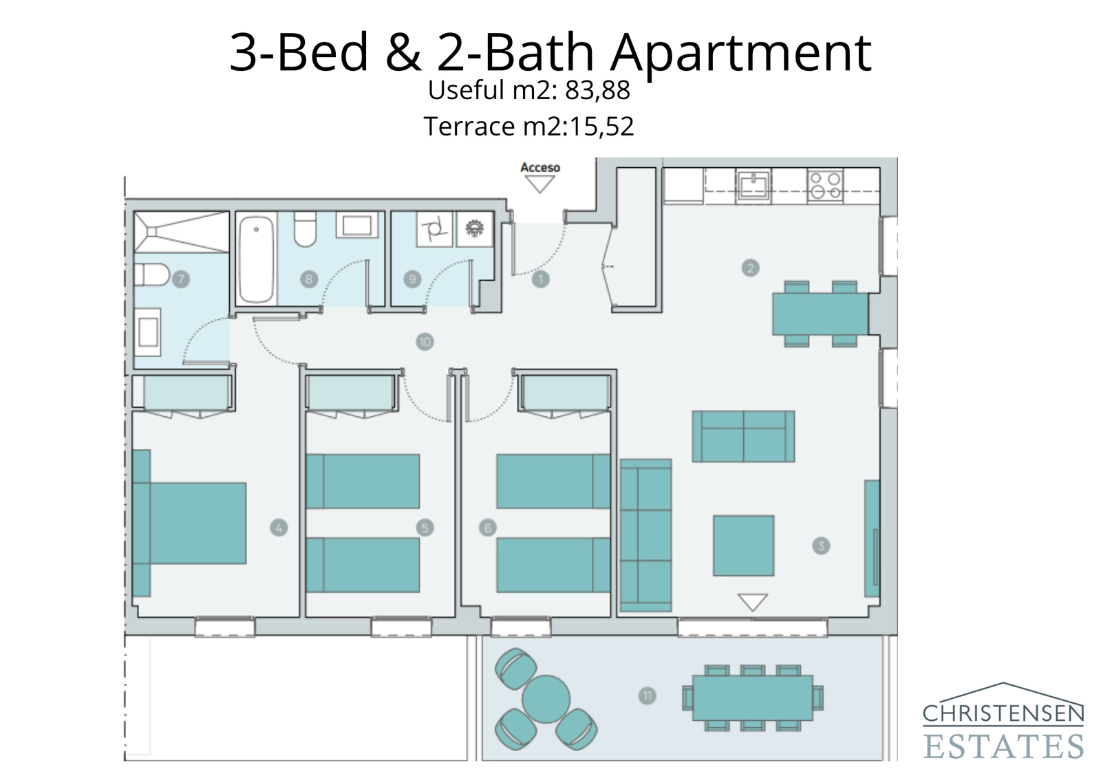 The three-bedroom floor plan offers ample space for families, with a clear separation between living and sleeping areas for enhanced privacy and comfort.