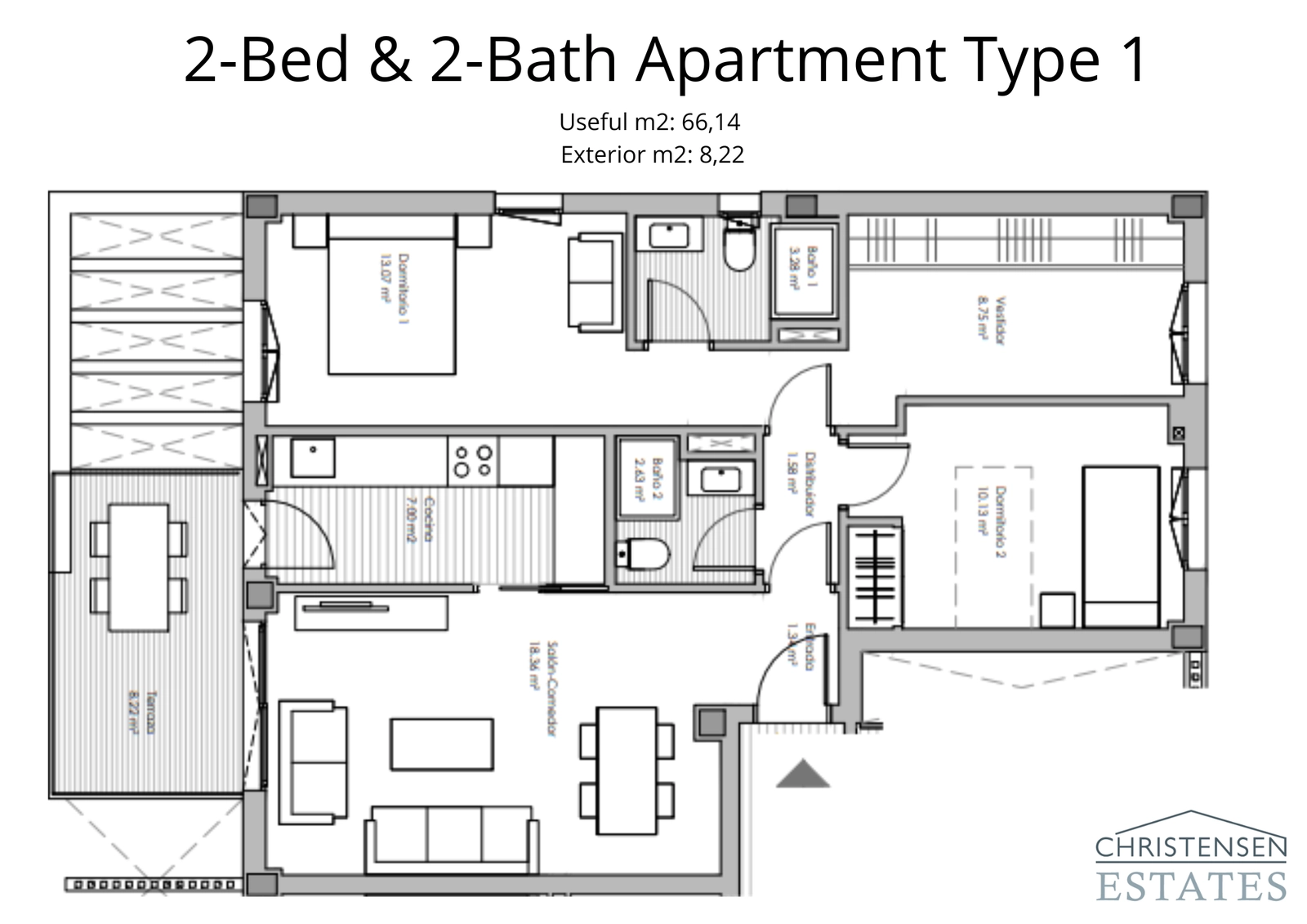 A practical two-bedroom layout featuring an open living area that extends onto a private terrace.