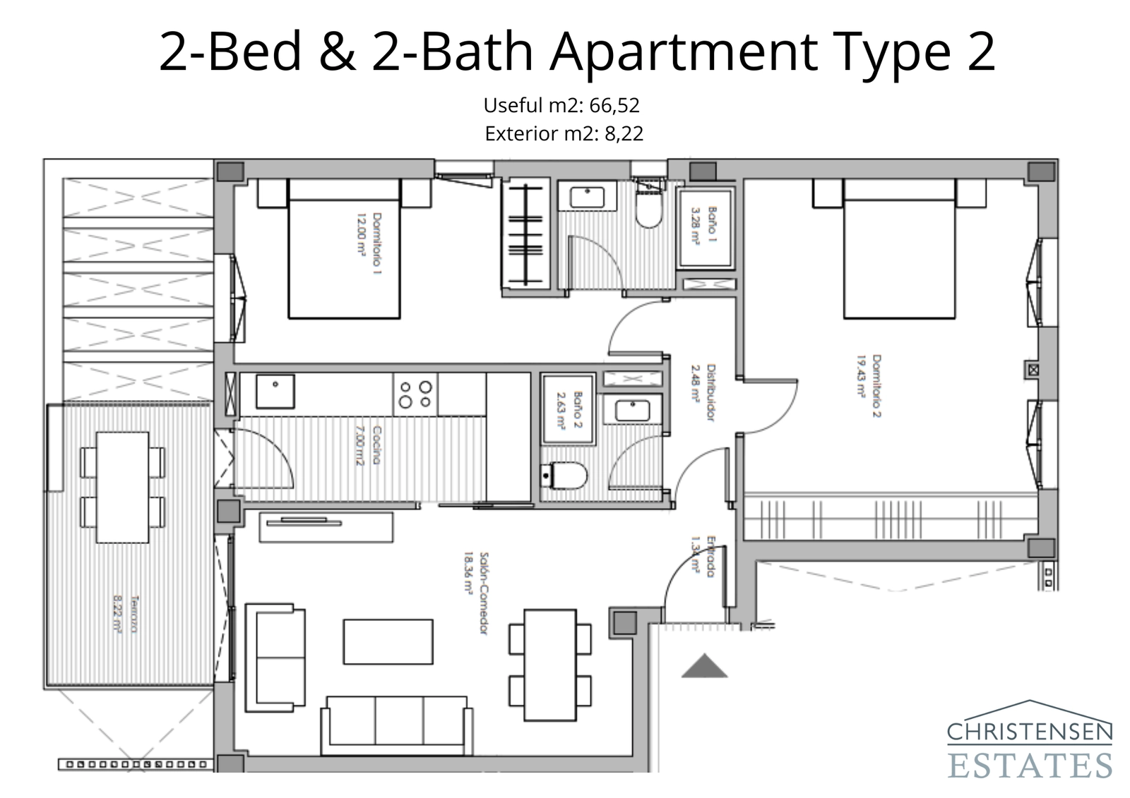 This two-bedroom apartment offers a different configuration with a large second bedroom, ideal for families or guests.
