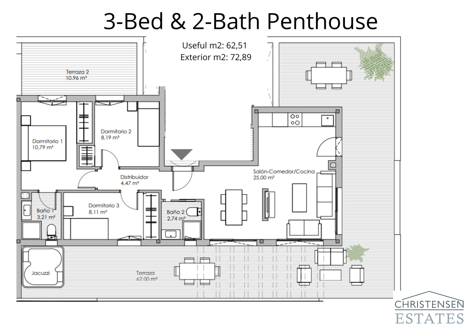 The exclusive three-bedroom penthouse layout boasts multiple terraces and generous living space for a premium lifestyle.