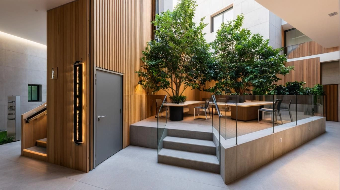 An innovative open-air co-working space where natural light, fresh air, and contemporary design enhance productivity and well-being.