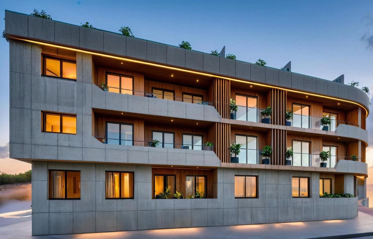 The building's avant-garde architecture combines natural wood, ceramics, and glass to create a unique and contemporary aesthetic.