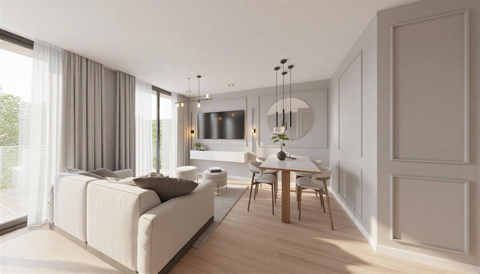 A bright and inviting living room, thoughtfully designed with contemporary style and unique details for a warm, sophisticated atmosphere.