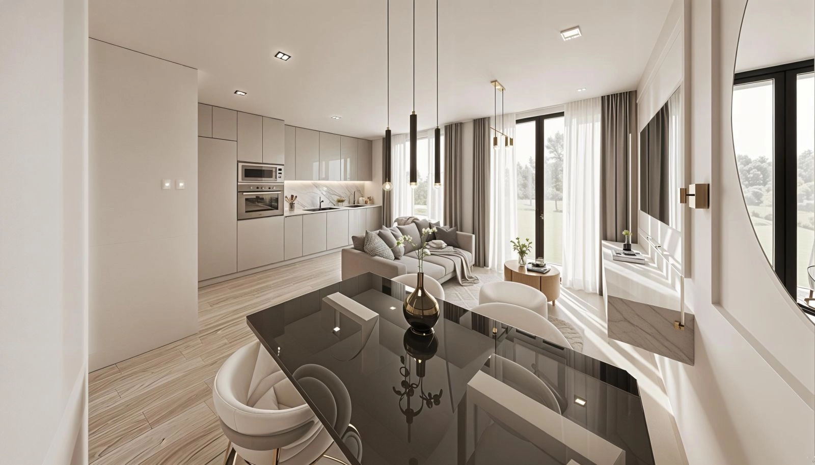 The open-plan living area combines the kitchen, dining, and living room into one harmonious and light-filled space.