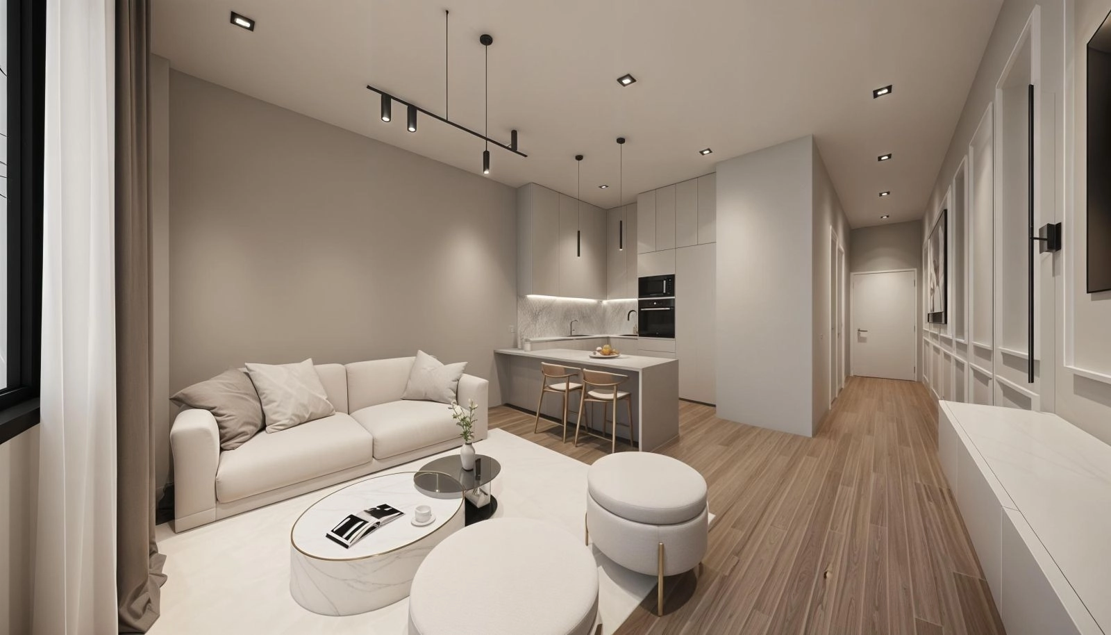 A contemporary kitchen designed for both style and practicality, featuring high-end appliances and a smart, efficient layout.