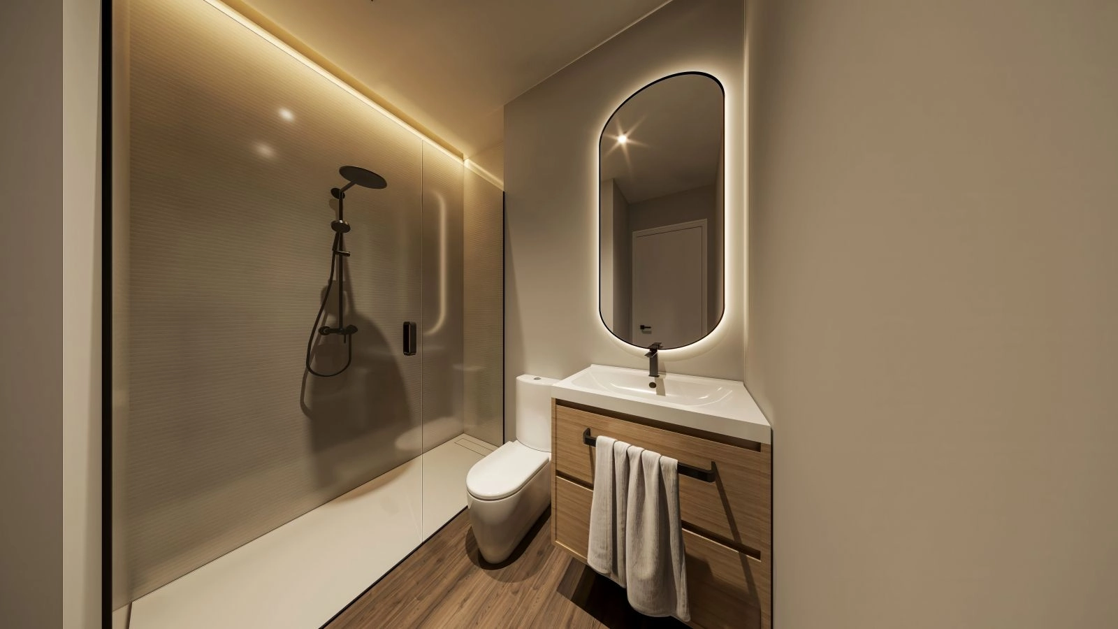 Experience the perfect balance of design and function in the stylish bathroom, with high-end faucets and sophisticated porcelain tiles.