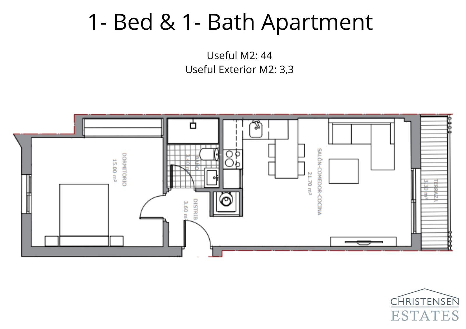 This one-bedroom apartment layout offers an efficient and open design, seamlessly connecting the living area to the exterior space.