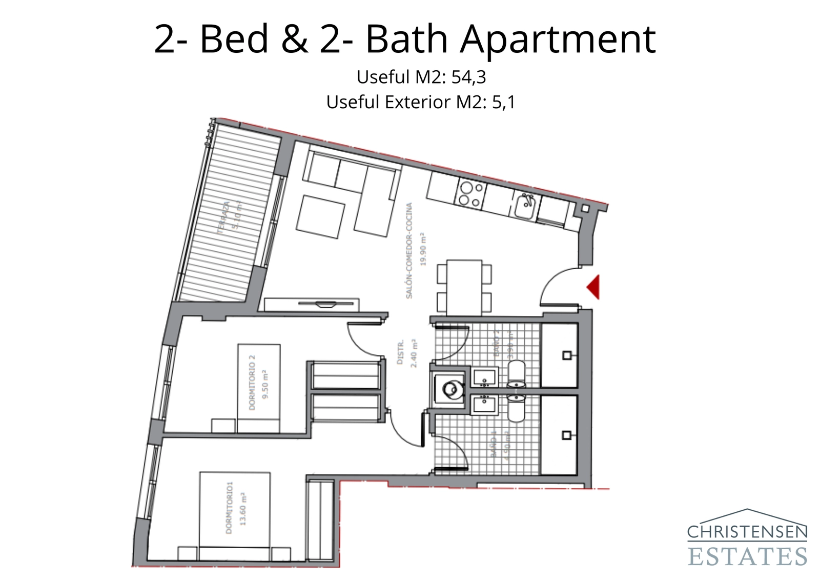 The two-bedroom floor plan provides a clear separation between the living and private areas, maximizing comfort and functionality for residents.