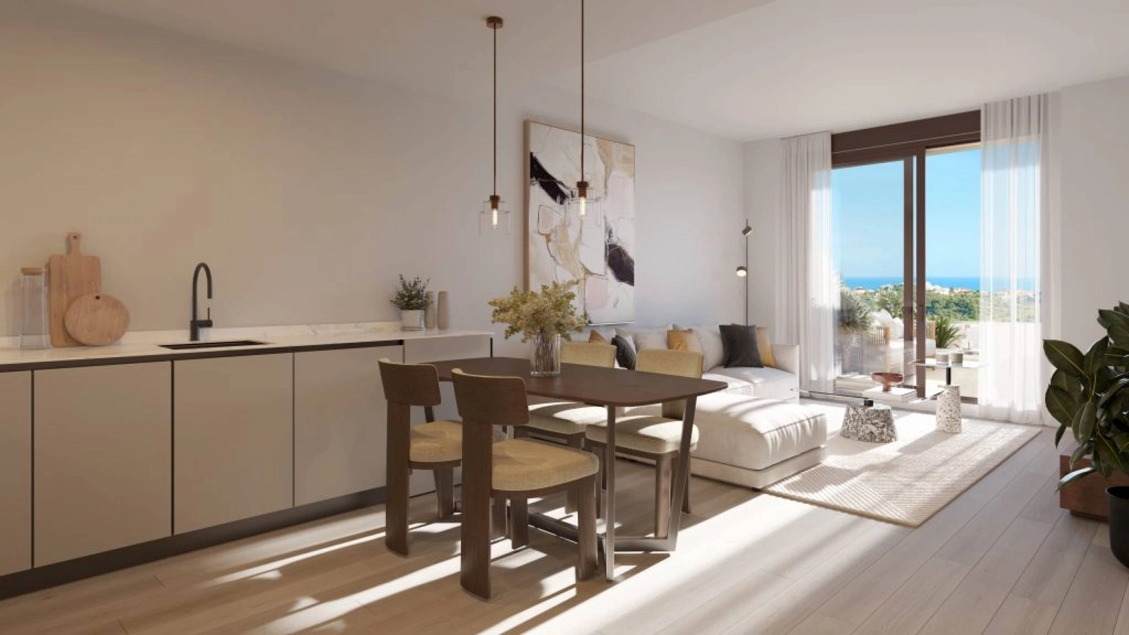 An open-plan kitchen and dining area, perfect for entertaining guests or enjoying quiet family meals.