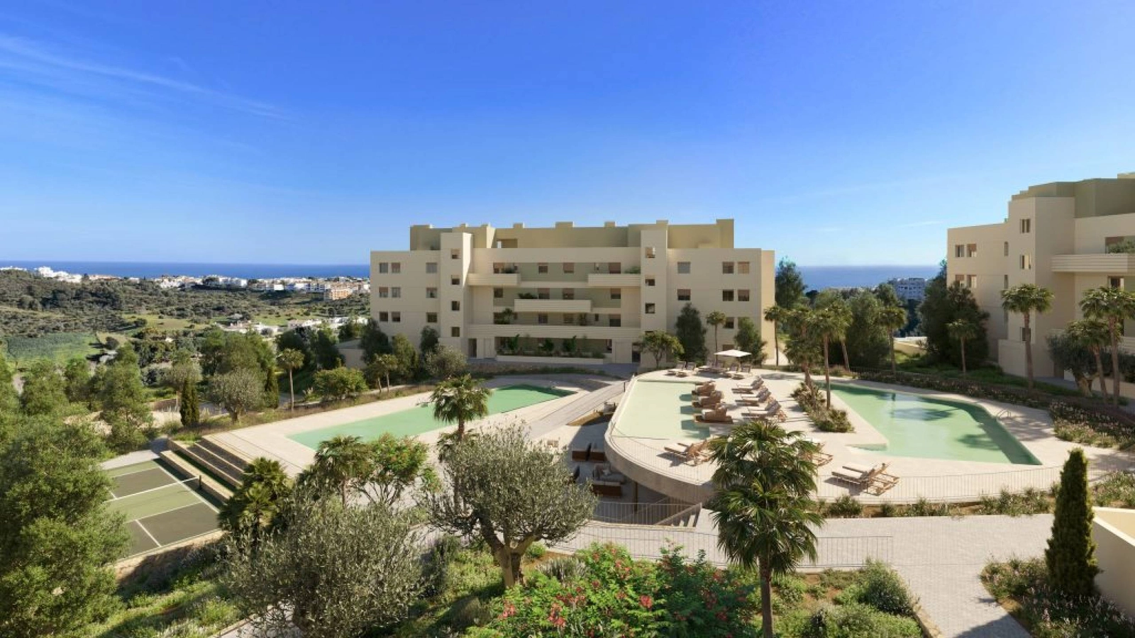 The development boasts stunning communal pools and landscaped gardens with magnificent sea views over the Costa del Sol.