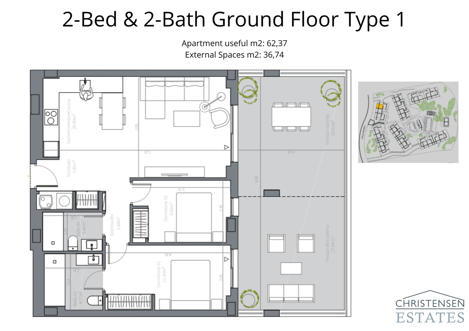 A well-designed two-bedroom ground floor home, featuring a generous terrace that extends the living space outdoors.